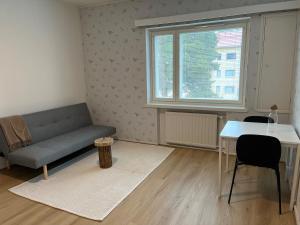 a living room with a couch and a table at Spacious one room apartment in Vaasa