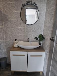 a bathroom with a sink and a mirror at Casa Eva-Corbu in Corbu