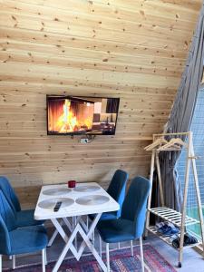 a room with a table and chairs with a fireplace at KolsayNestAframe in Saty