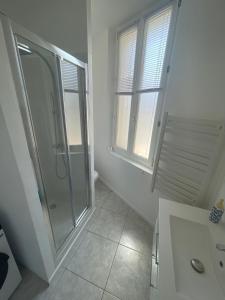 a white bathroom with a shower and a sink at Appart dans bâtisse provençale in Sorgues +4 photos
