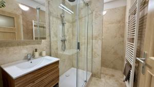 a bathroom with a sink and a shower at Šturka Apartment in Martin +13 photos