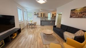a living room with a black couch and a table at Šturka Apartment in Martin