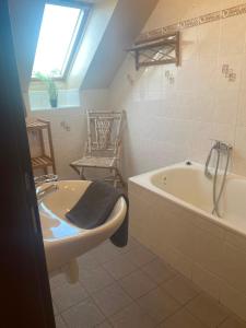 a bathroom with a sink and a bath tub at Penzion Kolovna in Dobrá +20 photos