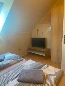 a bedroom with a bed and a flat screen tv at Penzion Kolovna in Dobrá