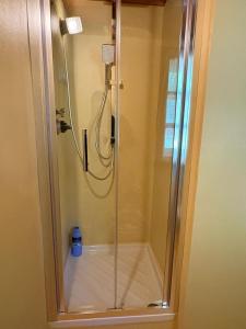 a shower with a glass door in a bathroom at Baita immersa nel verde in Salabertano
