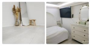 two pictures of a bedroom with a bed and a mirror at רונלדו in Beʼerot Yiẕẖaq