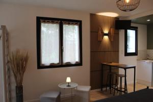 a living room with a table and a kitchen at Le Cocon des Acacias in Tournon-sur-Rhône