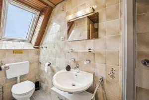 a bathroom with a sink and a toilet and a mirror at Hotel Knurrhahn DZ in Wilhelmshaven