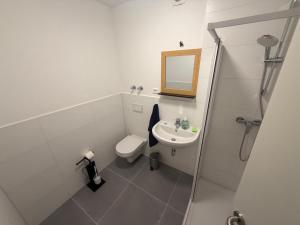 a white bathroom with a toilet and a sink at Worms City Suites Löwengasse in Worms +12 photos