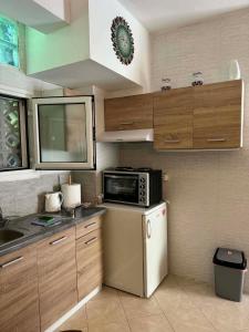 a small kitchen with a microwave and a refrigerator at ABEAS Studios 2 in Avlákia