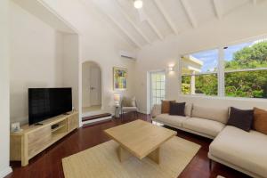 a living room with a couch and a tv at Casa Colibri in Saint James