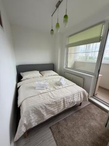 a bed in a room with a large window at Apartmán Košice Nad Jazerom in Košice