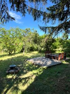 a picnic area with a table and a picnic table at Kuća Sarić, Gružansko jezero in Žune