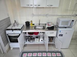 a small kitchen with a sink and a microwave at Espaço Container Itapema - Loft I in Itapema +7 photos