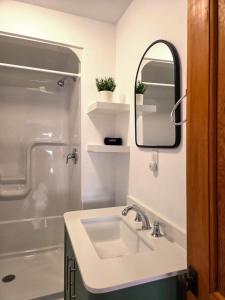 a bathroom with a sink and a shower and a mirror at Hunts Point Beach Cottages - Cottage #2 in Summerville Centre +11 photos