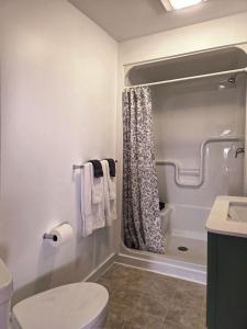 a bathroom with a shower and a toilet and a sink at Hunts Point Beach Cottages - Cottage #2 in Summerville Centre