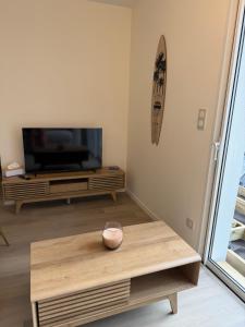 a living room with a tv and a coffee table at Marathi élégance T2 neuf avec SPA privatif in Biscarrosse