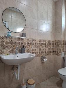 a bathroom with a sink and a mirror and a toilet at Vila Nikalas in Tyulenovo
