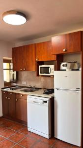 a kitchen with a white refrigerator and wooden cabinets at Alojamientos del Valle in Sotillo de la Adrada