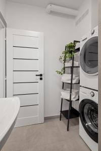 a bathroom with a washing machine and a washer and dryer at SPECTRA Rooms in Velké Meziříčí