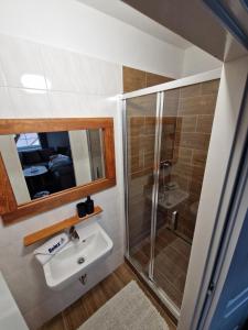 a bathroom with a sink and a shower at Pension MAX in Pernink +54 photos