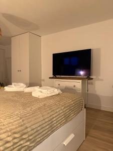 a bedroom with two beds and a flat screen tv at Casa Jazmin in Alora