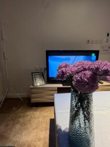 a vase with purple flowers in front of a tv at شالية ريفي الفندقي هادي وسط المدينة in Az Zulfi