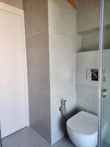 a bathroom with a toilet and a shower at Miranda Haus in Arillas
