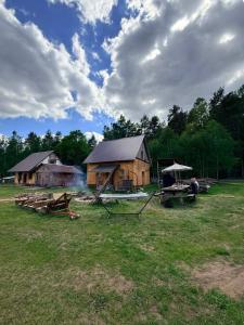 a log cabin with a picnic table in a field at Agroturystyka Lasy Północy Leśna Chata in Dzierniakowo