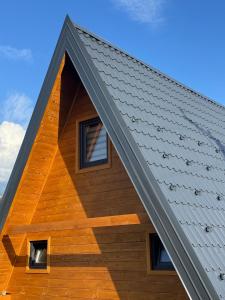 a metal roof on a house with two windows at Vila Kalkan in Šipovo