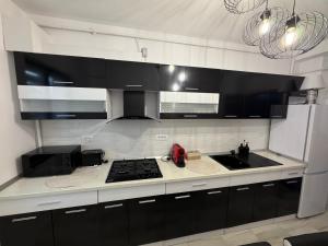 a kitchen with black cabinets and a stove and a sink at AKT Residence in Agigea