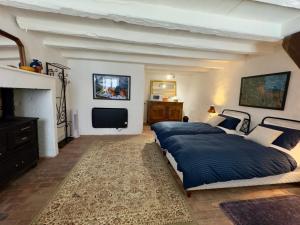 a bedroom with two beds and a flat screen tv at La Maison de Lyon in Saint-Laurent-de-Céris