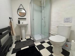 a bathroom with a shower and a toilet and a sink at La Maison de Lyon in Saint-Laurent-de-Céris +24 photos