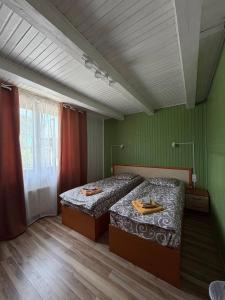 two beds in a room with green walls at Podolyanka in Slavske +39 photos