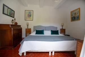 a bedroom with a large bed with two green pillows at Le Grand Gîte in Vaison-la-Romaine +28 photos
