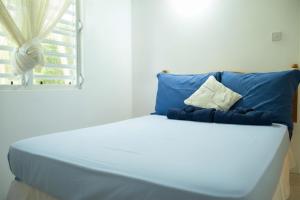 a large bed with blue pillows and a window at Good Times in Gingerland