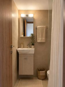 a bathroom with a sink and a mirror and a shower at Εmmi in Koutsounari