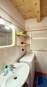 a bathroom with a white sink and a toilet at Villetta Ximenes in Panchià +25 photos