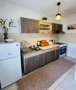 a kitchen with a white refrigerator and a sink at Stan na dan Grahovo in Bosansko Grahovo