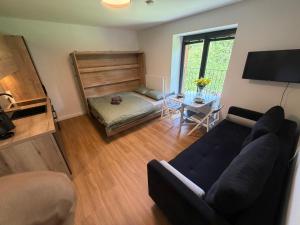 a living room with a couch and a table at AVA apartmán Javorná na Šumavě in Čachrov