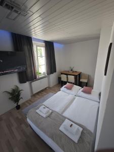 a large bedroom with two beds and a television at Monica Donau in Passau
