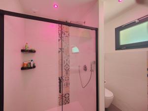 a pink bathroom with a shower with a glass door at À la Volette - Cosy, Nature & Miel des Vosges in Plombières-les-Bains +29 photos