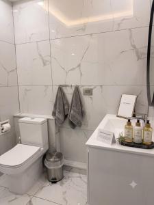 a white bathroom with a toilet and a sink at Lizz-Hotel in Chişinău