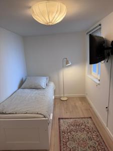a small bedroom with a bed and a television at The Copenhagen Retreat in Hvidovre