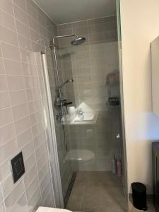 ein Badezimmer mit Dusche und Waschbecken in der Unterkunft Dalsbraut in Njarðvík + 1 Foto