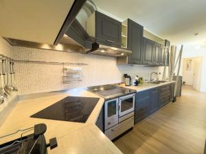 a kitchen with black cabinets and a counter top at Casa del Torchio in Giovo +10 photos