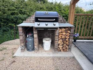 a barbecue cooker in a brick oven in a yard at Red Sheds Cabin 'Herons Den' in Portarlington