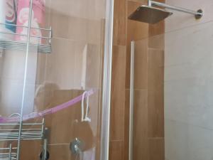 a bathroom with a shower with a glass door at Lovely Apt Close to Beach in Nahariyya +12 photos