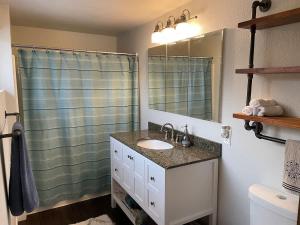 a bathroom with a sink and a mirror at Gravel Road Getaway in Hermiston