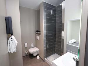 a small bathroom with a toilet and a shower at ibis Egletons in Égletons +43 photos